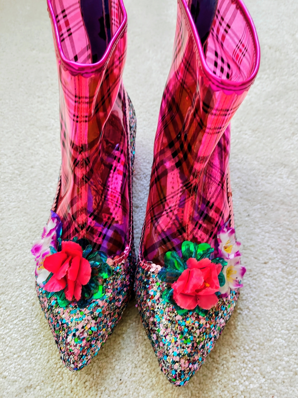 Irregular Choice Pink Plaid Glitter Pointed Booties with Floral Embellishments